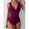 imageEomenie Womens One Piece Swimsuit Slimming Tummy Control Bathing Suit Wide Straps Plunge V Neck SwimwearBurgundy