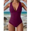 imageEomenie Womens One Piece Swimsuit Slimming Tummy Control Bathing Suit Wide Straps Plunge V Neck SwimwearBurgundy