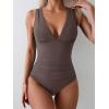 imageEomenie Womens One Piece Swimsuit Slimming Tummy Control Bathing Suit Wide Straps Plunge V Neck SwimwearCafe Brown