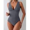 imageEomenie Womens One Piece Swimsuit Slimming Tummy Control Bathing Suit Wide Straps Plunge V Neck SwimwearGray Ribbed