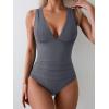 imageEomenie Womens One Piece Swimsuit Slimming Tummy Control Bathing Suit Wide Straps Plunge V Neck SwimwearGray Ribbed