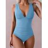 imageEomenie Womens One Piece Swimsuit Slimming Tummy Control Bathing Suit Wide Straps Plunge V Neck SwimwearLight Blue