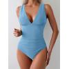 imageEomenie Womens One Piece Swimsuit Slimming Tummy Control Bathing Suit Wide Straps Plunge V Neck SwimwearLight Blue