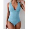 imageEomenie Womens One Piece Swimsuit Slimming Tummy Control Bathing Suit Wide Straps Plunge V Neck SwimwearLight Blue Ribbed