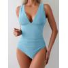 imageEomenie Womens One Piece Swimsuit Slimming Tummy Control Bathing Suit Wide Straps Plunge V Neck SwimwearLight Blue Ribbed