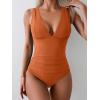 imageEomenie Womens One Piece Swimsuit Slimming Tummy Control Bathing Suit Wide Straps Plunge V Neck SwimwearOrange Ribbed
