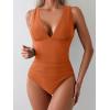 imageEomenie Womens One Piece Swimsuit Slimming Tummy Control Bathing Suit Wide Straps Plunge V Neck SwimwearOrange Ribbed
