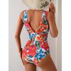 imageEomenie Womens One Piece Swimsuit Slimming Tummy Control Bathing Suit Wide Straps Plunge V Neck SwimwearRed Floral Print
