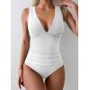 imageEomenie Womens One Piece Swimsuit Slimming Tummy Control Bathing Suit Wide Straps Plunge V Neck SwimwearWhiteribbed