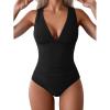 imageEomenie Womens One Piece Swimsuit Slimming Tummy Control Bathing Suit Wide Straps Plunge V Neck SwimwearBlack