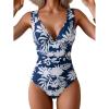 imageEomenie Womens One Piece Swimsuit Slimming Tummy Control Bathing Suit Wide Straps Plunge V Neck SwimwearBlue White Print