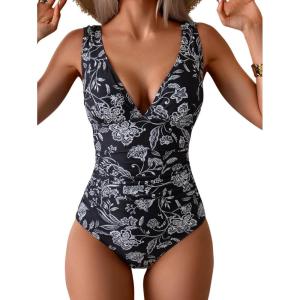 imageEomenie Womens One Piece Swimsuit Slimming Tummy Control Bathing Suit Wide Straps Plunge V Neck SwimwearBlack White Print