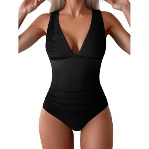 imageEomenie Womens One Piece Swimsuit Slimming Tummy Control Bathing Suit Wide Straps Plunge V Neck SwimwearBlackribbed