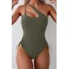 imageEomenie Womens One Piece One Shoulder Swimsuit with Drawstring Tummy Control Bathing Suit Sexy High Cut Swim SuitsArmy Green