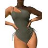 imageEomenie Womens One Piece One Shoulder Swimsuit with Drawstring Tummy Control Bathing Suit Sexy High Cut Swim SuitsArmy Green
