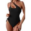 imageEomenie Womens One Piece One Shoulder Swimsuit with Drawstring Tummy Control Bathing Suit Sexy High Cut Swim SuitsBlack