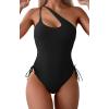 imageEomenie Womens One Piece One Shoulder Swimsuit with Drawstring Tummy Control Bathing Suit Sexy High Cut Swim SuitsBlack