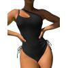 imageEomenie Womens One Piece One Shoulder Swimsuit with Drawstring Tummy Control Bathing Suit Sexy High Cut Swim SuitsBlack