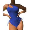 imageEomenie Womens One Piece One Shoulder Swimsuit with Drawstring Tummy Control Bathing Suit Sexy High Cut Swim SuitsBlue