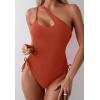 imageEomenie Womens One Piece One Shoulder Swimsuit with Drawstring Tummy Control Bathing Suit Sexy High Cut Swim SuitsBrown