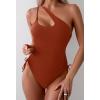imageEomenie Womens One Piece One Shoulder Swimsuit with Drawstring Tummy Control Bathing Suit Sexy High Cut Swim SuitsBurnt Orange