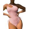 imageEomenie Womens One Piece One Shoulder Swimsuit with Drawstring Tummy Control Bathing Suit Sexy High Cut Swim SuitsLight Pink