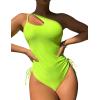 imageEomenie Womens One Piece One Shoulder Swimsuit with Drawstring Tummy Control Bathing Suit Sexy High Cut Swim SuitsNeon Green
