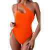 imageEomenie Womens One Piece One Shoulder Swimsuit with Drawstring Tummy Control Bathing Suit Sexy High Cut Swim SuitsNeon Orange