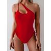 imageEomenie Womens One Piece One Shoulder Swimsuit with Drawstring Tummy Control Bathing Suit Sexy High Cut Swim SuitsRed