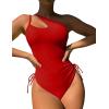 imageEomenie Womens One Piece One Shoulder Swimsuit with Drawstring Tummy Control Bathing Suit Sexy High Cut Swim SuitsRed