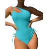 imageEomenie Womens One Piece One Shoulder Swimsuit with Drawstring Tummy Control Bathing Suit Sexy High Cut Swim SuitsSky Blue