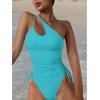 imageEomenie Womens One Piece One Shoulder Swimsuit with Drawstring Tummy Control Bathing Suit Sexy High Cut Swim SuitsSky Blue