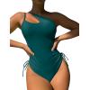 imageEomenie Womens One Piece One Shoulder Swimsuit with Drawstring Tummy Control Bathing Suit Sexy High Cut Swim SuitsTeal