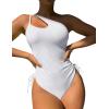 imageEomenie Womens One Piece One Shoulder Swimsuit with Drawstring Tummy Control Bathing Suit Sexy High Cut Swim SuitsWhite