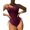 imageEomenie Womens One Piece One Shoulder Swimsuit with Drawstring Tummy Control Bathing Suit Sexy High Cut Swim SuitsWine Red