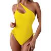 imageEomenie Womens One Piece One Shoulder Swimsuit with Drawstring Tummy Control Bathing Suit Sexy High Cut Swim SuitsYellow
