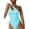 imageEomenie Womens One Piece One Shoulder Swimsuit with Drawstring Tummy Control Bathing Suit Sexy High Cut Swim SuitsMint Green