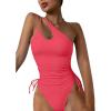 imageEomenie Womens One Piece One Shoulder Swimsuit with Drawstring Tummy Control Bathing Suit Sexy High Cut Swim SuitsWatermelon Red