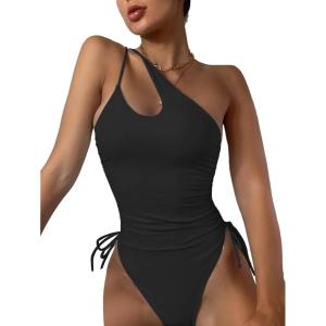 imageEomenie Womens One Piece One Shoulder Swimsuit with Drawstring Tummy Control Bathing Suit Sexy High Cut Swim SuitsBlack
