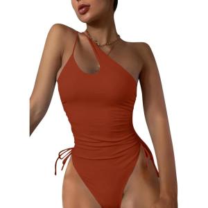 imageEomenie Womens One Piece One Shoulder Swimsuit with Drawstring Tummy Control Bathing Suit Sexy High Cut Swim SuitsBurnt Orange