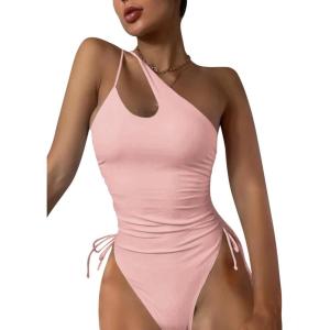 imageEomenie Womens One Piece One Shoulder Swimsuit with Drawstring Tummy Control Bathing Suit Sexy High Cut Swim SuitsLight Pink