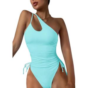 imageEomenie Womens One Piece One Shoulder Swimsuit with Drawstring Tummy Control Bathing Suit Sexy High Cut Swim SuitsMint Green