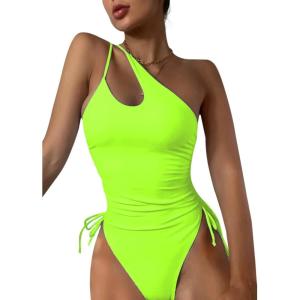 imageEomenie Womens One Piece One Shoulder Swimsuit with Drawstring Tummy Control Bathing Suit Sexy High Cut Swim SuitsNeon Green