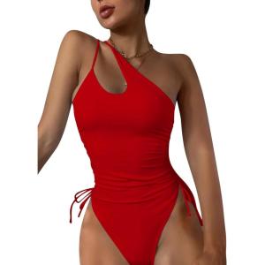 imageEomenie Womens One Piece One Shoulder Swimsuit with Drawstring Tummy Control Bathing Suit Sexy High Cut Swim SuitsRed