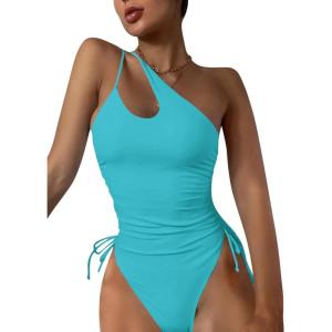 imageEomenie Womens One Piece One Shoulder Swimsuit with Drawstring Tummy Control Bathing Suit Sexy High Cut Swim SuitsSky Blue