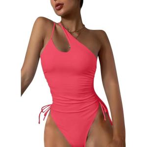 imageEomenie Womens One Piece One Shoulder Swimsuit with Drawstring Tummy Control Bathing Suit Sexy High Cut Swim SuitsWatermelon Red