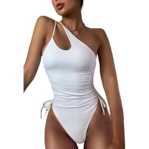 imageEomenie Womens One Piece One Shoulder Swimsuit with Drawstring Tummy Control Bathing Suit Sexy High Cut Swim SuitsWhite