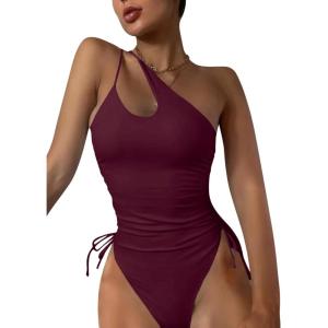 imageEomenie Womens One Piece One Shoulder Swimsuit with Drawstring Tummy Control Bathing Suit Sexy High Cut Swim SuitsWine Red