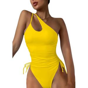 imageEomenie Womens One Piece One Shoulder Swimsuit with Drawstring Tummy Control Bathing Suit Sexy High Cut Swim SuitsYellow
