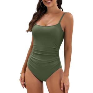 imageEomenie Womens One Piece Swimsuits Tummy Control Ruched Bathing Suit 1 Piece SwimwearArmy Green